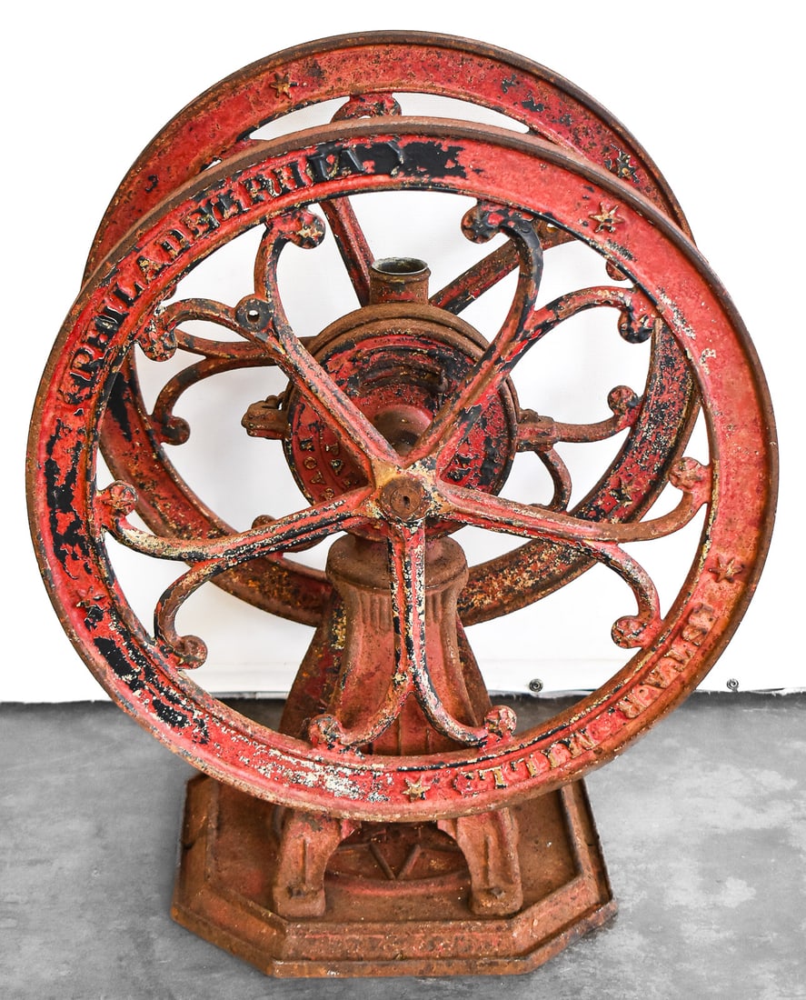 STAR MILL RED COFFEE GRINDER #10A: An original cast iron red Star Mill coffee grinder from Philadelphia, Pennsylvania, circa 1880. Labeled with No.10A and patent dates of August 19, 1884, November 25, 1884, and May 26, 1885. The