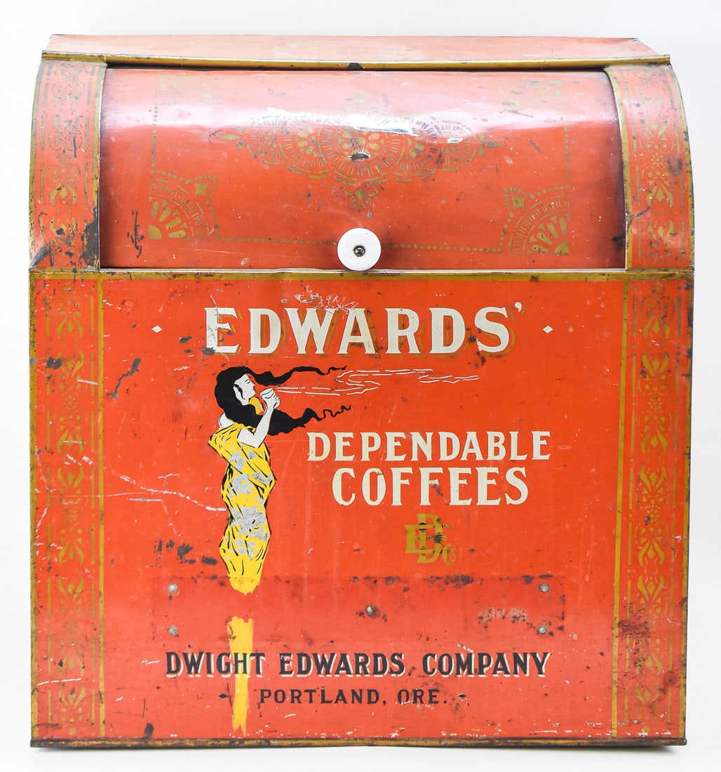 DWIGHT EDWARDS COMPANY "DEPENDABLE COFFEES" GENERAL STORE BIN: The bin features a roll top lid and is decorated with stencil artwork circa late 19th century. The store bin has a measurement of approx. 20" H x 19" W x 13" D. The Dwight Edwards