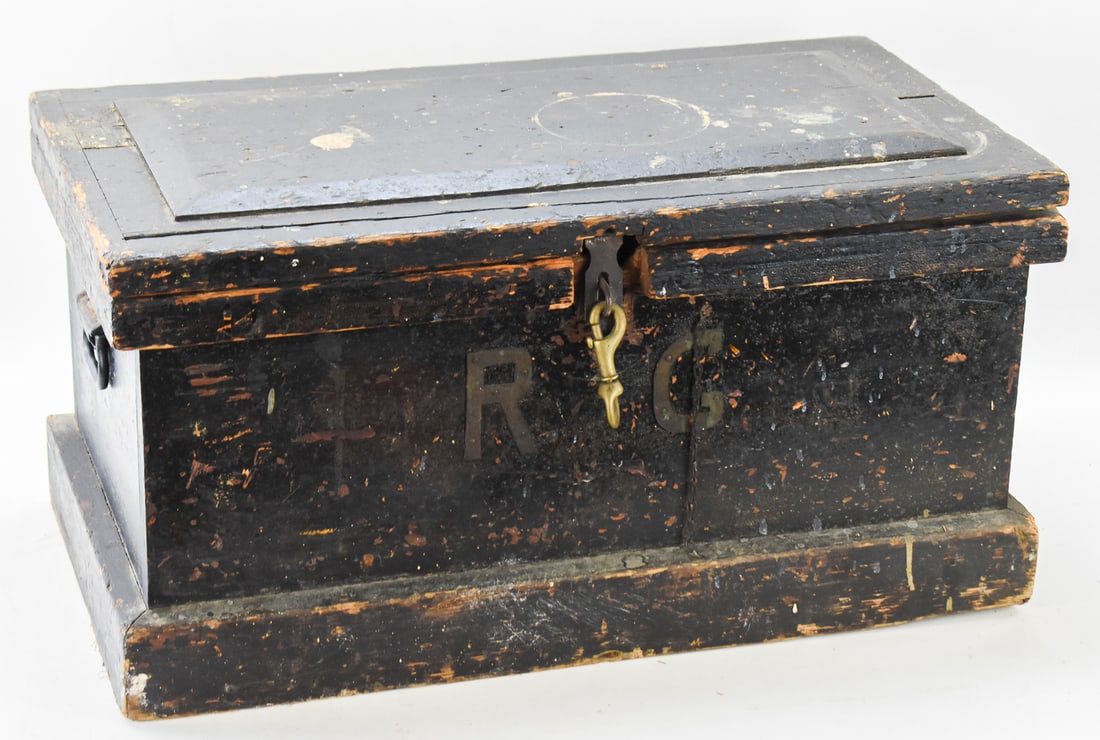 BLACK-PAINTED CARPENTER'S/MECHANIC'S TOOL CHEST, CIRCA TURN OF THE 19TH CENTURY: This lot includes a black-painted carpenter's or mechanic's tool chest initialed "R.G." stocked with modern and tools of the period, circa turn of the 19th century. The item measures approx. 14.5" H