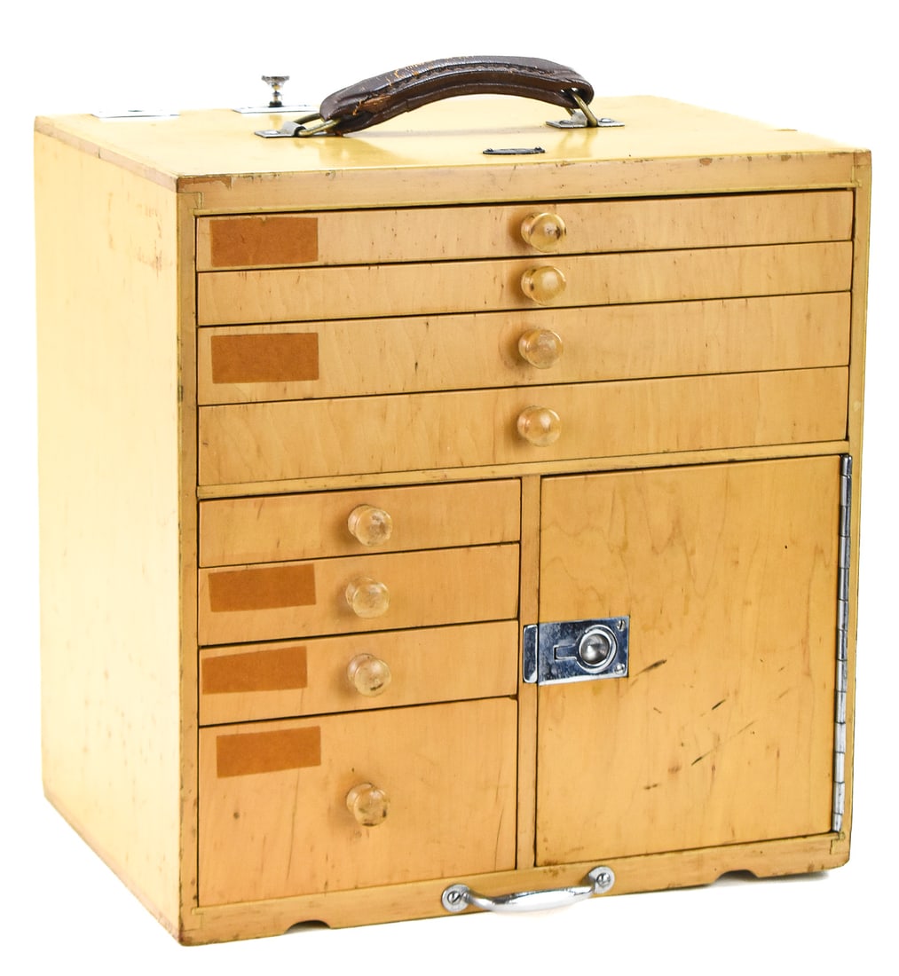 GERSTNER STYLE MACHINIST TOOL CHEST: This chest has 7 drawers and 1 cubby with a rod locking mechanism. The chest is made of oak or maple and has a leather handle. On the top there is a placard with the number "201". The whole chest