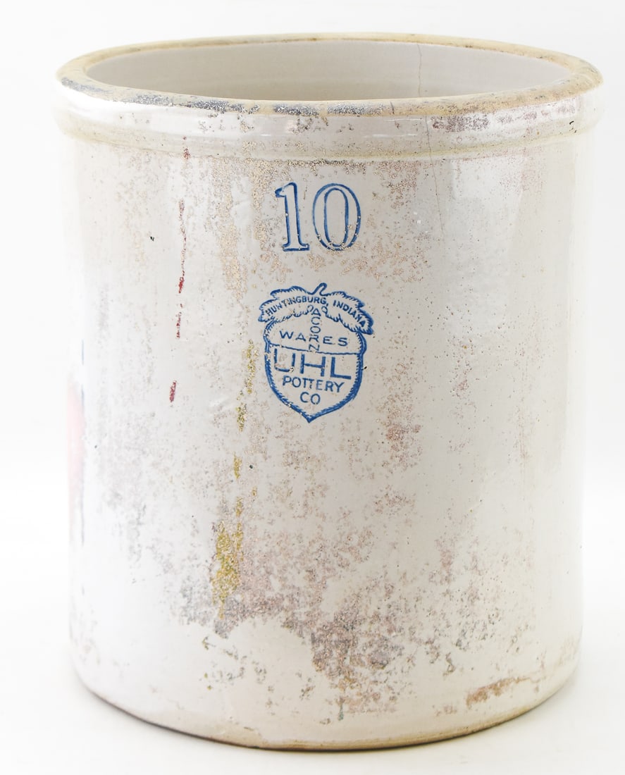 UHL POTTERY COMPANY "ACORN WARES" 10 GALLON STONEWARE CROCK, CIRCA EARLY 20TH CENTURY: An Uhl Pottery Company "Acorn Wares" design ten gallon stoneware crock, made in Huntingburg, Indiana, circa early 20th century. The crock measures approx. 18" H x 15.5" W x 15.5" D.