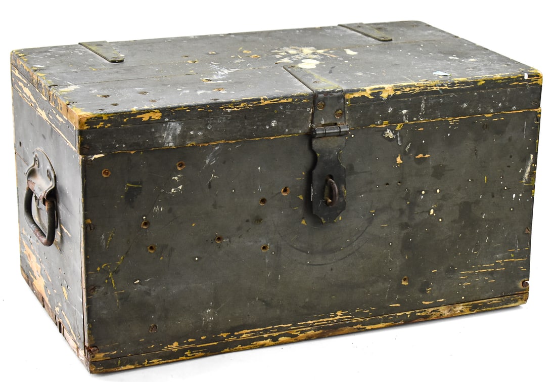 ANTIQUE PAINTED WOOD STORAGE CHEST: An antique painted wood storage chest with a tray and wrought iron hardware. It measures approx. 11" H x 21" W x 12" D.