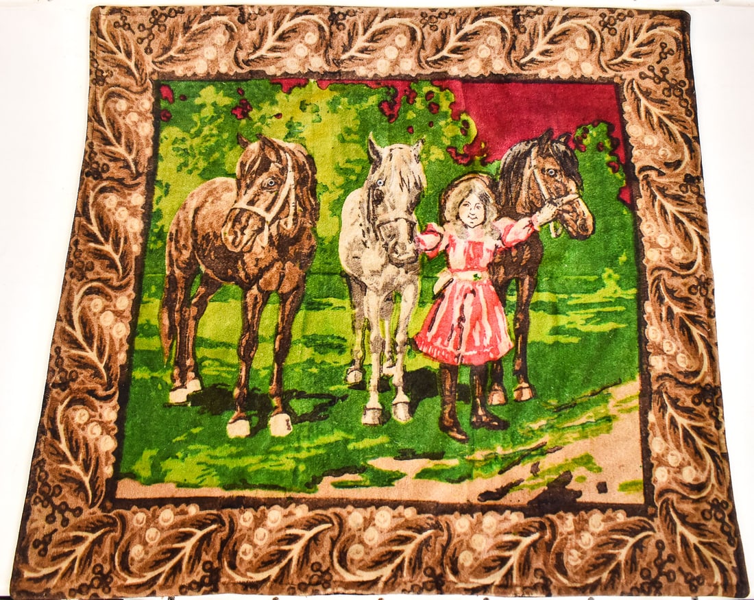 S. STROOCK & CO HORSEHAIR BUGGY BLANKET C. 1900: This carriage blanket features a unique pictorial of a little girl and three horses with inset glass eyes. It is made of horsehair to be water resistant for open-air buggies. One corner on the