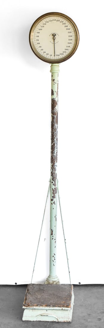 LOLLIPOP DOCTOR'S SCALE: Manufactured by John Chatillon & Sons circa the late 19th century in New York City. This scale has a maximum capacity of 300 pounds. The standing scale measures approx. 67" H x 11.5" W x 21" D.