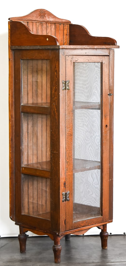 ANTIQUE PINE PIE SAFE: An circa late 1800s-early 1900s "slim" antique pine pie safe with a beadboard back and a mesh door. It measures approx. 54" H x 22.5" W x 18.5" D.