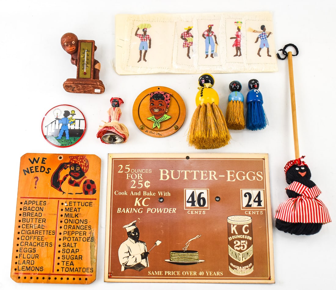 ASSORTMENT OF BLACK AMERICANA & ADVERTISEMENTS: An assortment of Black Americana and vintage advertisements including an Aunt Jemima wall hanging key holder, a Multi Products Incorporated "Diaper Dan" thermometer circa 1949, a set of Allsides