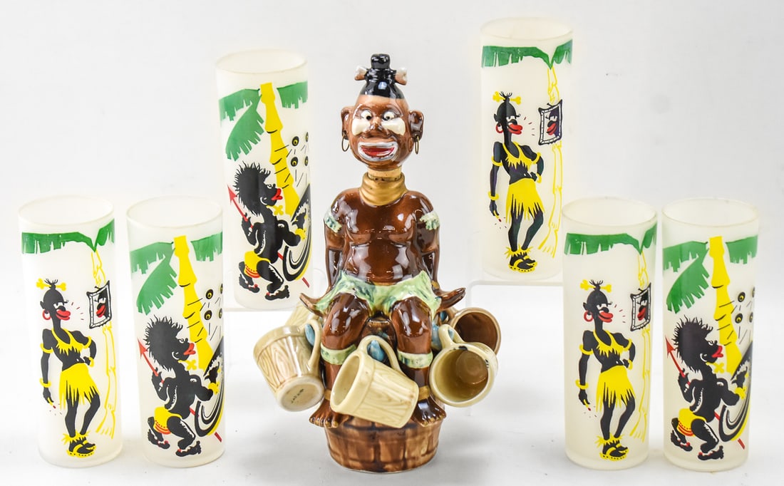 6 LIBBEY GLASS "AFRICAN TRIBAL" FROSTED GLASSES & JAPANESE "AFRICAN ZULU" CERAMIC DECANTER SET: A set of six Libbey Glass Company "African Tribal" frosted glasses, circa 1950s, and a Japanese "African Zulu" ceramic decanter with five small hanging mugs. The decanter set measures approx. 11" H x