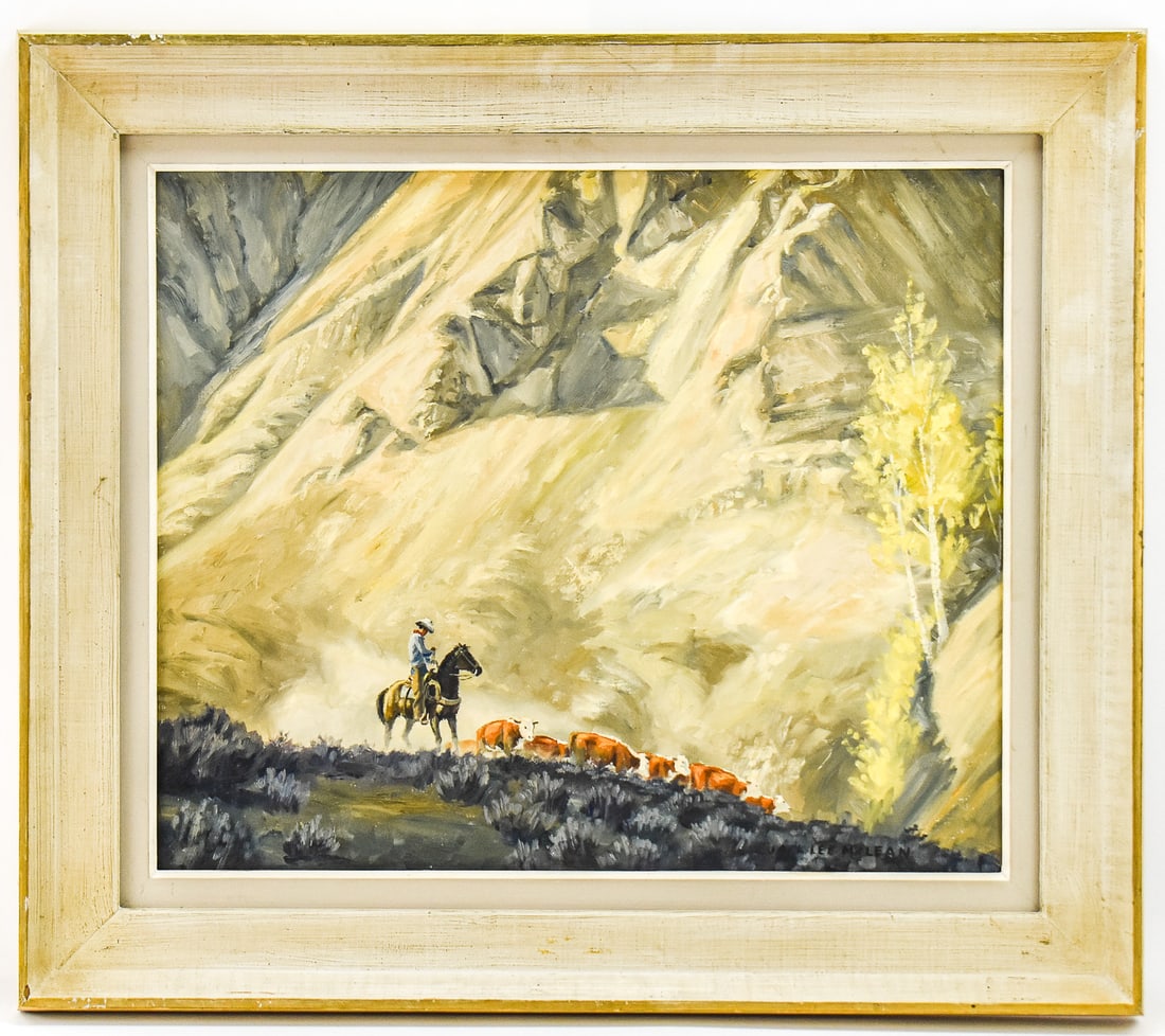 JACK LEE MCLEAN "DRY CANYON, GANG RANCH AREA, CARIBOO COUNTRY, BC" OIL PAINTING: Original oil painting on canvas board by listed artist Jack Lee McLean (ID, BC, 1924-2003), signed lower right. Stamp on the verso reads "Dry Canyon, Gang Ranch area, Cariboo Country, BC". F