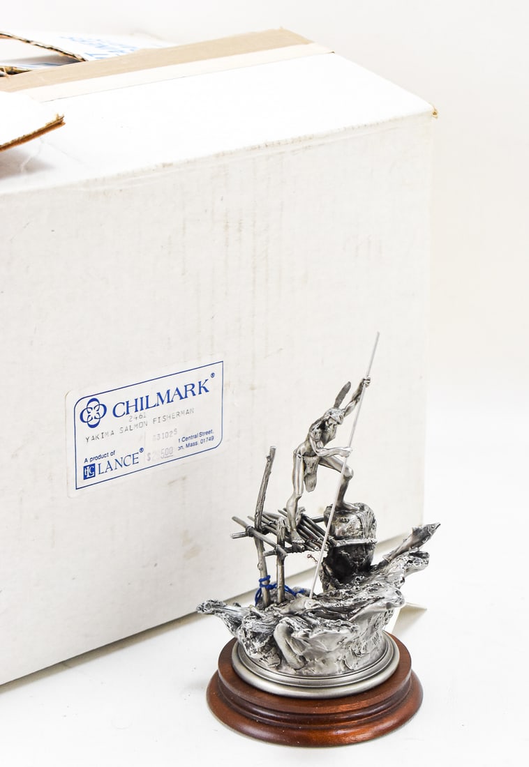"YAKIMA SALMON FISHERMAN" BY DON POLLAD WITH BOX: The solid pewter sculpture " Yakima Salmon Fisherman"" was created by artist Don Polland for Chilmark. This is part of a 2,500 limited edition release in 1982. It comes with its