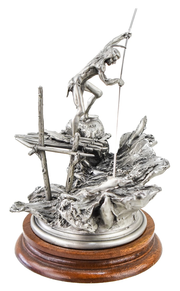 "YAKIMA SALMON FISHERMAN" BY DON POLLAND FOR CHILMARK: The solid pewter sculpture " Yakima Salmon Fisherman"" was created by artist Don Polland for Chilmark. This is part of a 2,500 limited edition release in 1982. The sculpture measures
