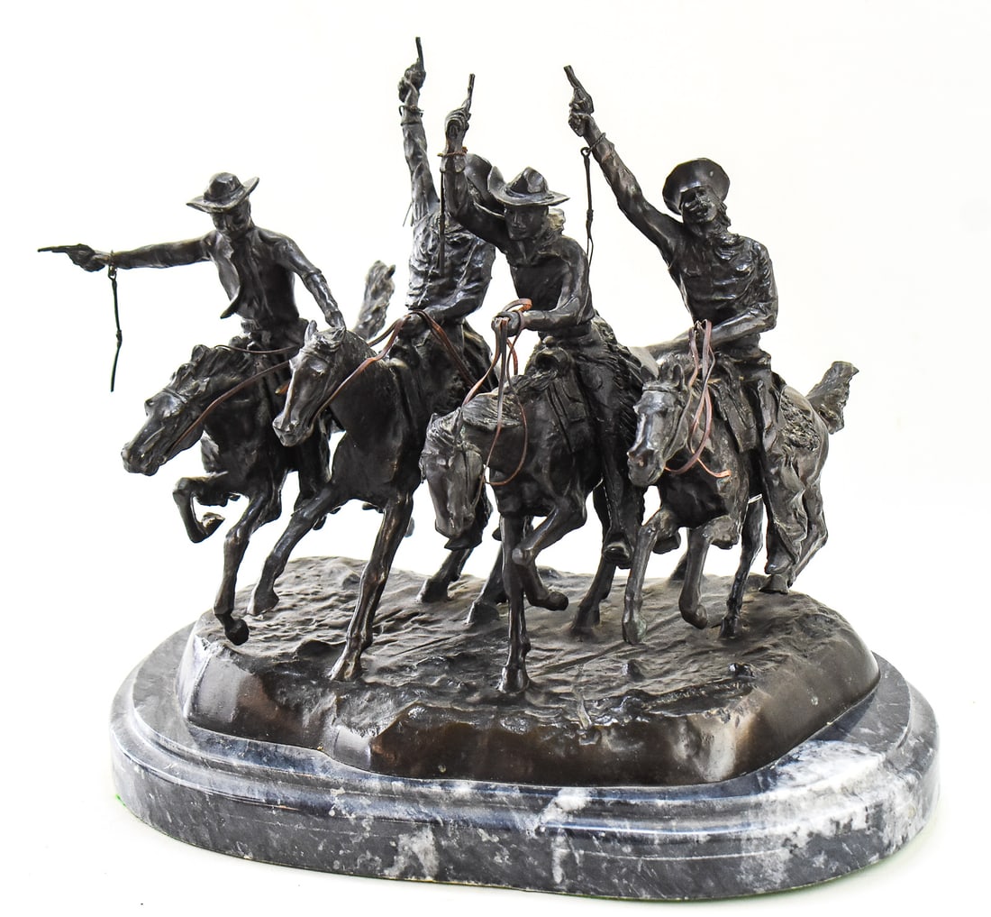 "COMING THROUGH THE RYE" SCULPTURE: This is a miniature bronze sculpture replica of Fredric Remington's "Coming Through the Rye" with a marble base. The sculpture weighs approximately 100lbs and measures approx. 13" H x 16.5" W x 10.5"