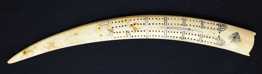 ALASKAN NATIVE SCRIMSHAW WALRUS IVORY CRIBBAGE BOARD (1 of 2)