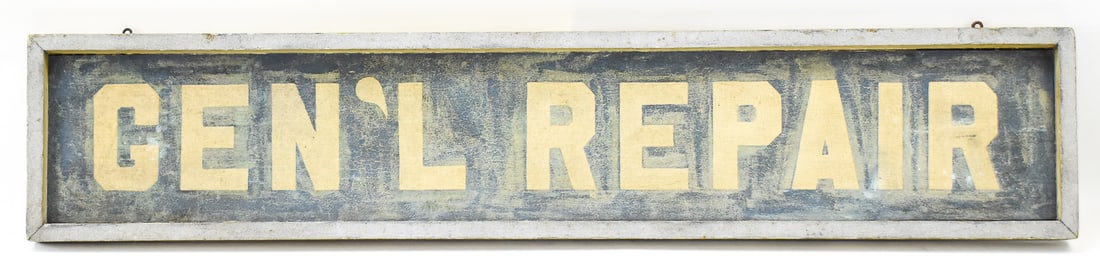 "GEN'L REPAIR" TRADE SIGN: A hand painted general store sign made of salvaged wood circa mid 20th century. The sign measures approx. 10" H x 48" W x 2" D.