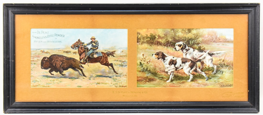 CHARLES SCHRYVOGEL AND EDMUND H. OSTHAUS, DUPONT SMOKELESS RIFLE POWDER LITHOGRAPH AD: A lithograph ad on paper by listed artists Charles Schreyvogel (Born in New York City, 1861-1912) and Edmund H. Osthaus (Born in Germany 1856-1928). The lithograph features scenes of a cowboys hunting