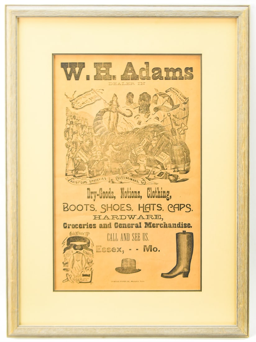 WH ADAMS GENERAL STORE ADVERTISEMENT, ESSEX, MONTANA: An Essex, Montana W.H. Adams general store advertisement offering dry-goods, notions, clothing, boots, shoes, hats, caps, hardware, groceries and general merchandise. Printed by Memphis Paper Co., Mem