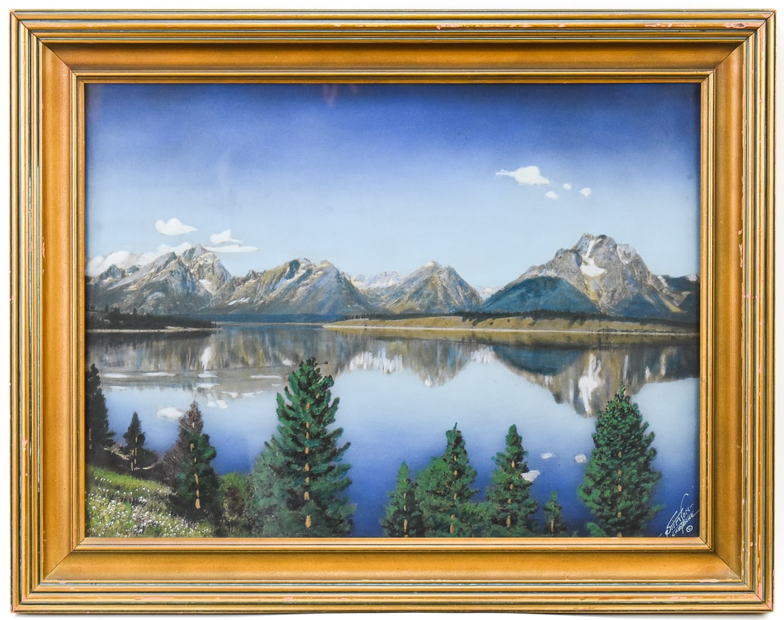 JOSEPH ELAM STIMSON 'JACKSON HOLE, WYOMING' HAND-COLORED PHOTOGRAPH: A hand-colored photograph by Cheyenne, Wyoming's "greatest visual historian", Joseph Elam Stimson (WY, 1870-1952), signed lower right. Features Jackson Lake and the Grand Tetons, Jackson Hol