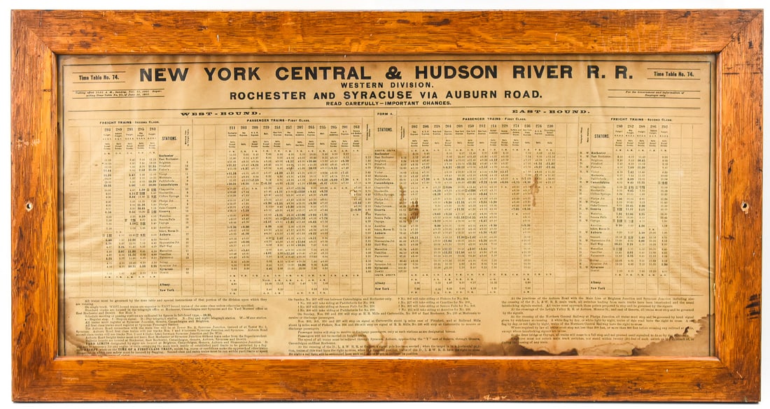 1903 NEW YORK CENTRAL & HUDSON RIVER RAILROAD TIME TABLE: Time table number 74 from the New York Central and Hudson River Railroad Western Division for Rochester and Syracuse via Auburn Road. It is currently set in an oak frame that measures approx. 18.5" H 
