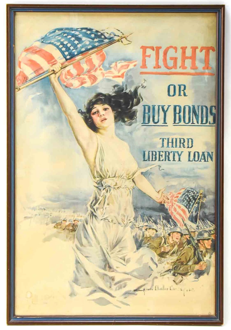 HOWARD CHANDLER CHRISTY "FIGHT OR BUY BONDS" WWI PROPAGANDA POSTER: Third Liberty Loan 1917 "Fight or Buy Bonds" WWI propaganda poster on paper by listed artist Howard Chandler Christy (OH, NY, 1872-1952), famous for his "Christy Girls, " which were stylized depiction