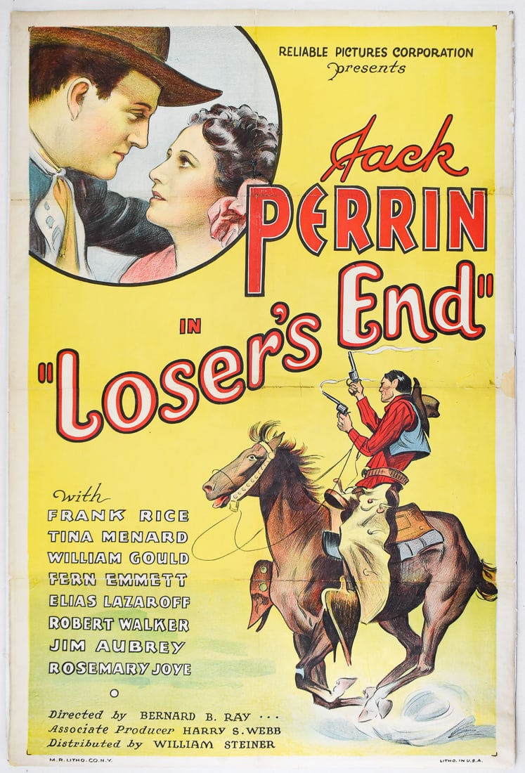 "LOSER'S END" ORIGINAL 1935 MOVIE POSTER: An original 1935 one-sheet lithographic movie poster on paper featuring Jack Perrin in "Loser's End", directed by Bernard B. Ray by Reliable Pictures Co. Printed by M.R. Litho Co., NY, USA. Art