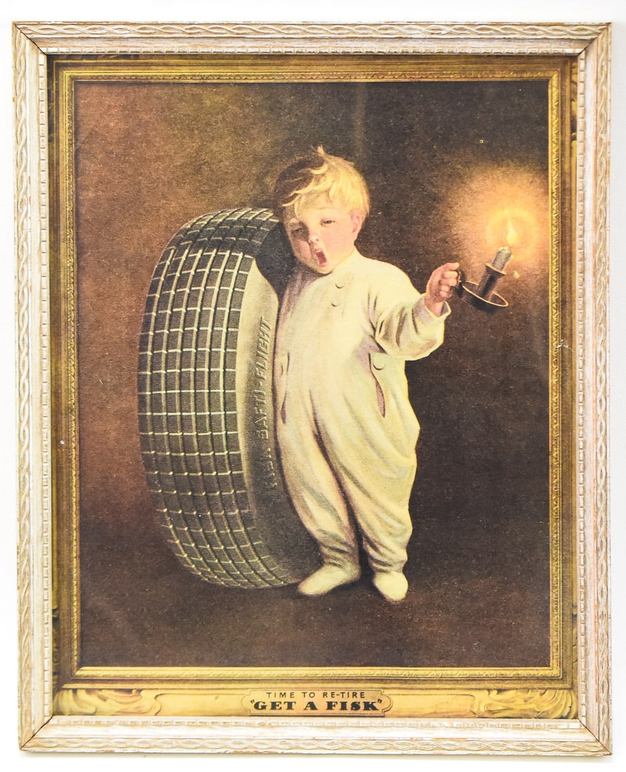 FRAMED FISK RUBBER COMPANY TIRE BOY ADVERTISEMENT "TIME TO RE-TIRE" (1 of 2)