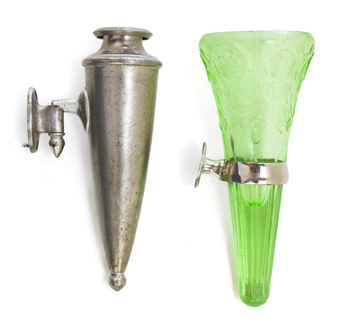 TWO EARLY 20TH CENTURY AUTOMOBILE BUD VASES: PRESSED GLASS AND METAL (1 of 2)