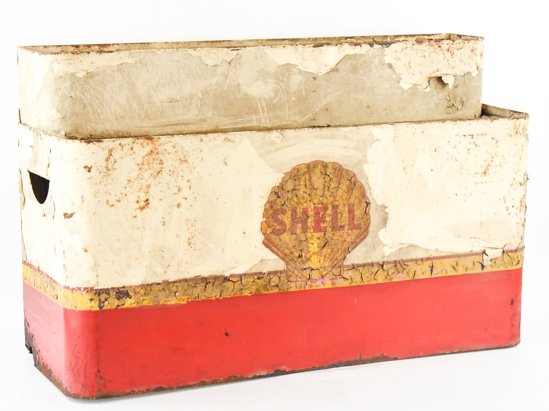 SHELL MOTOR OIL BOTTLE RACK: A Shell branded motor oil bottle rack circa 1930. The rack measures approx. 19" H x 29" W x 11" D.