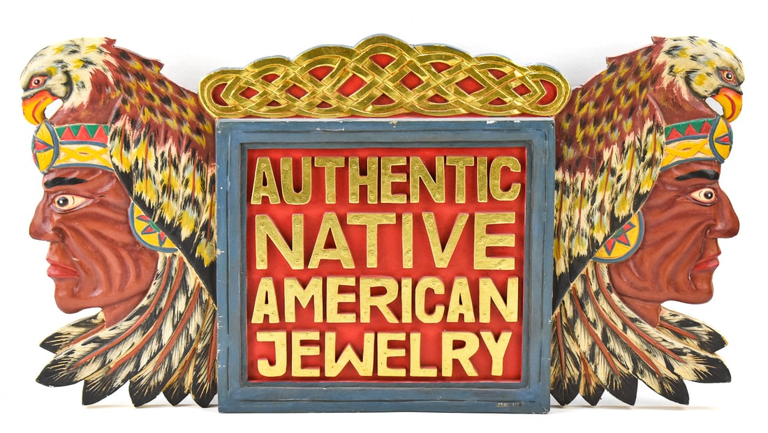 "AUTHENTIC NATIVE AMERICAN JEWELRY" PAINTED WOOD ADVERTISING SIGN (1 of 2)