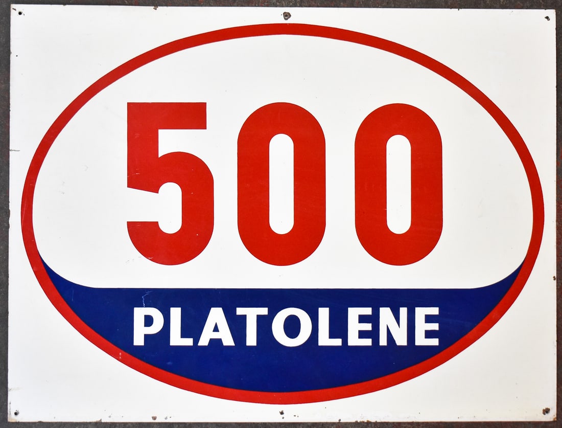 500 PLATOLENE GASOLINE & MOTOR OIL SIGN: Sign is made of tin and was manufactured circa the mid 20th century. The sign has approx. measurements of 18" H x 23.5" W x 0.5" D. "500 Platolene" is a mid 20th century