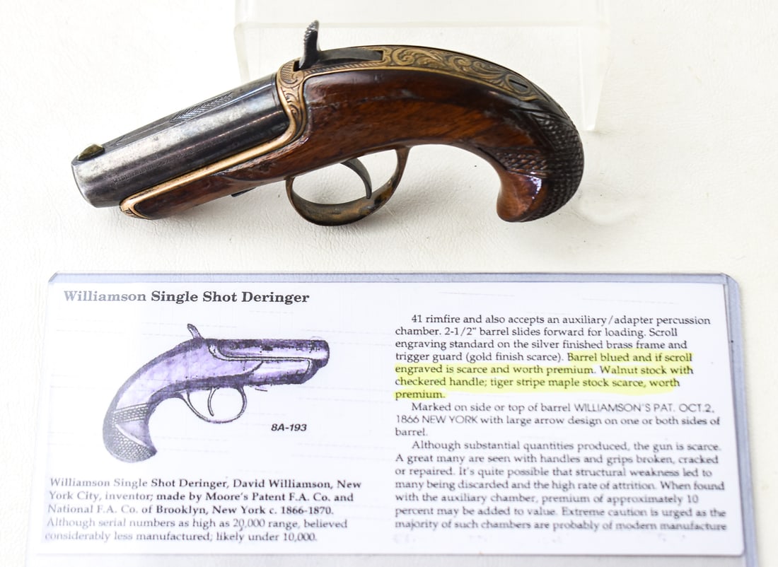 WILLIAMSON SINGLE-SHOT .41 RF DERRINGER, CIRCA 1866-1870: A Williamson single-shot .41 rimfire derringer, made in Brooklyn, New York, circa 1866-1870. The derringer features a 2.5" barrel that slides forward for loading, with a checkered walnut handle