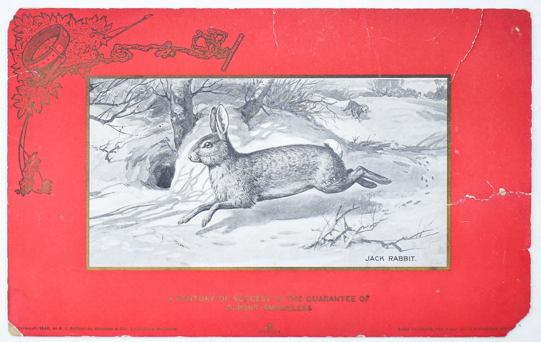 DUPONT SMOKELESS GUN POWDER ADVERTISMENT: This advertisement is from the early 20th century and is two sided. It is part of a 12 piece set that was originally 24 cents. The bottom left corner reads "Copyright, 1903, By E.I. Dupont De