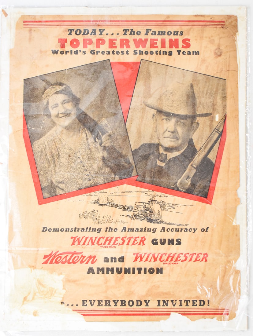 THE TOPPERWEINS ACT SPONSERED BY WINCHESTER GUNS POSTER: The Topperweins were a renowned husband-and-wife trick-shooting duo who toured the United States for the Winchester Repeating Arms Company for over four decades in the first half of the 20th century.