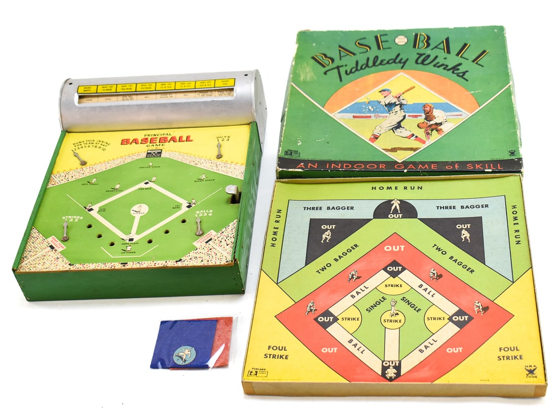 BASEBALL BOARD GAME PAIR: This pairing consists of two different baseball themed board games. Game one is a Principal Baseball Game, a mechanical tabletop toy manufactured by Principal Stamp & Manufacturing Company in