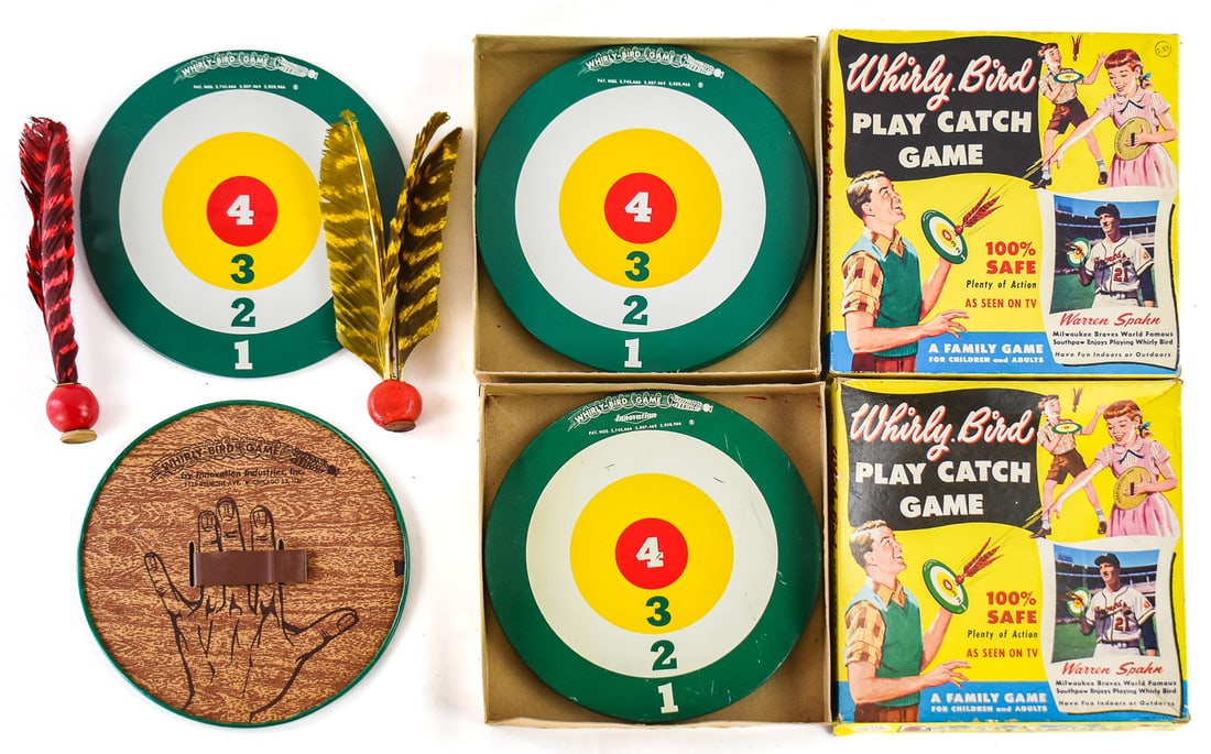 WHIRLY BIRD PLAY CATCH GAMES: This lot comes with two complete in the box Whirley Bird Play Catch games with an extra set of catching pads. These were manufactured by the Innovation Industries Inc. in 1958-59. These boxes include