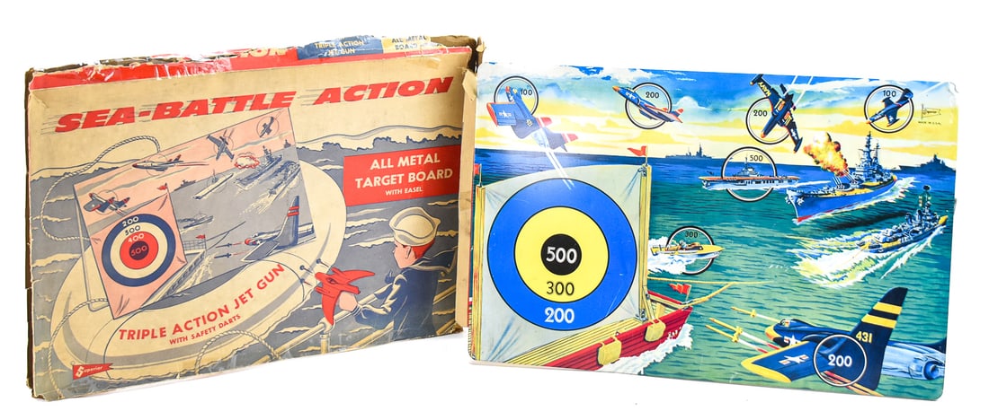 "SEA-BATTLE ACTION" TRIPLE ACTION JET GUN SHOOTING BOARD: This the 1950s Superior Toy & Manufacturing Co WWll navel themed target board from their "Sea-Battle Action" toy set. It also includes its original box the set came in. The board measures approx.