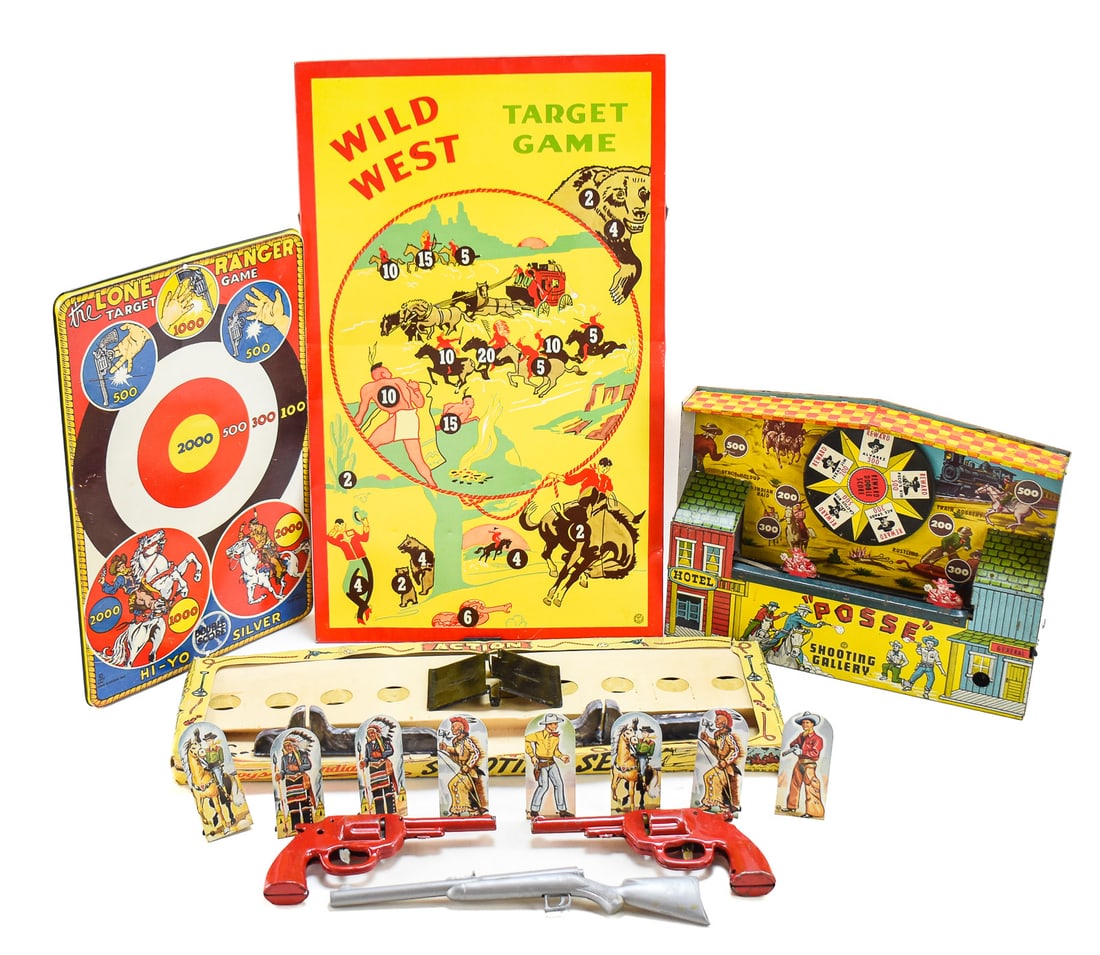 WESTERN THEMED SHOOTING GALLERY COLLECTION: This collection consists of four western themed games from the 1940s-50s. Game one is the "Posse" Mechanical Shooting Gallery manufactured by Wyandotte Toys. Game two is "Cowboys and Indians" shooting