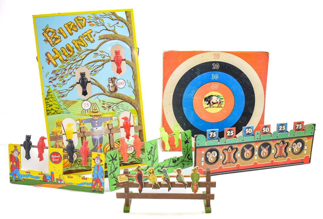 HUNTING THEMED SHOOTING GALLERIES COLLECTION: This collection consists of six hunting themed shooting games manufactured circa 1930-50. Game one is the Cadaco-Ellis Sharpshooter Trophy Hunt manufactured by Cadaco-Ellis. Game two and three are bot