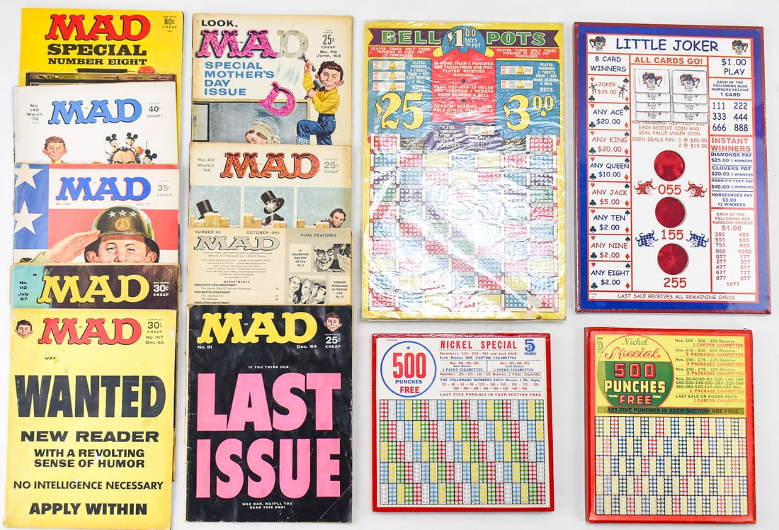 MIXED LOT OF MID-CENTURY MAD MAGAZINES & NOS PUNCH-BOARD GAMES (1 of 5)