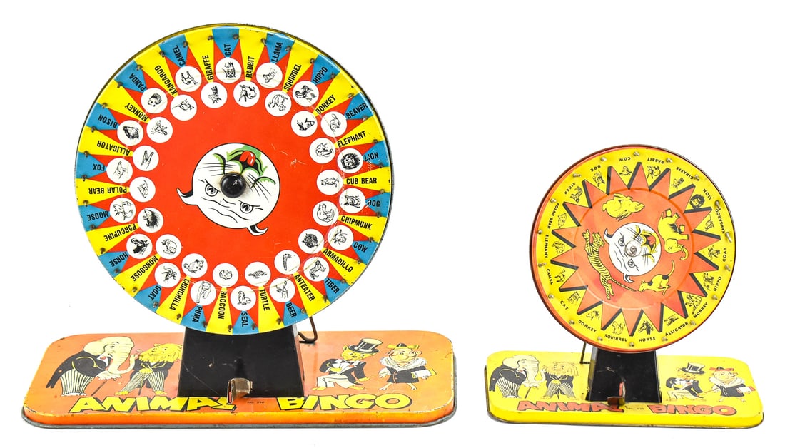 PAIR OF ANIMAL BINGO SPINNERS: This lot includes two Animal Bingo spinners, one large and one small. Both were manufactured by Baldwin Mfg. Co. in the 1930s-40s. Of the two, the larger measures approx. 13" H x 14" W x