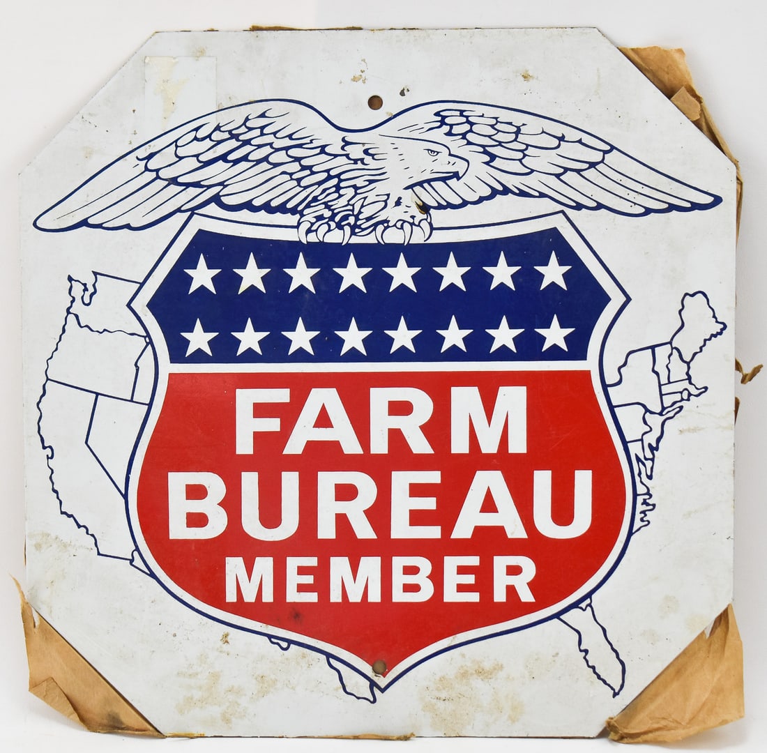 FARM BUREAU MEMBER OCTAGONAL SIGN: This octagonal sign depicts a members sign for the Farm Bureau on one side and the other with a tradition red stop sign. Sign is made of aluminum with approx. measurements of 15" H x 15" W x 0.5" D.