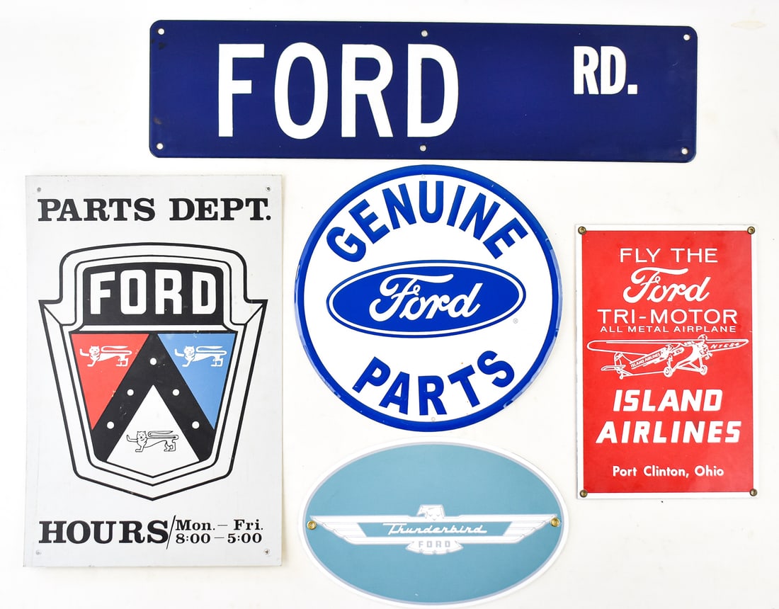 FORD SIGN COLLECTION: This collections consists of 5 Ford related signs. Sign one is a novelty Ford Motor Company themed road sign circa the 1950s. Sign two is a parts department sign for Ford made of aluminum circa the