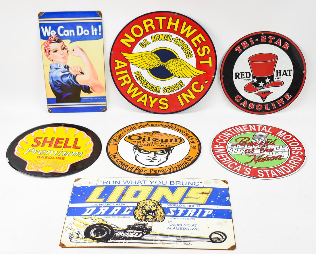 COLLECTION OF REPRODUCED METAL SIGNS: A lot of seven reproduced metal sign advertisements originally from the mid 20th century. They include ads for Northwest Airways INC. U.S. airmail-express passenger service, Shell premium gasoline,