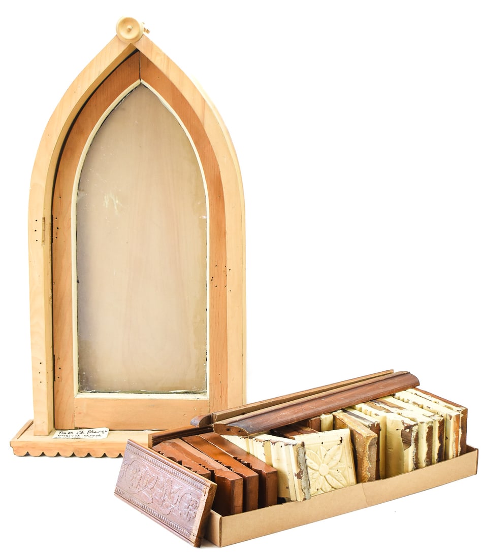 ARCHITECTURAL SALVAGE ASSORTMENT FROM ST. MARY'S CATHOLIC CHURCH, ALBANY, OR: An assortment of architectural salvage items from St. Mary's Catholic Church in Albany, Oregon, including a gothic-style church window frame, and a box with twenty-five sections of molding and carved