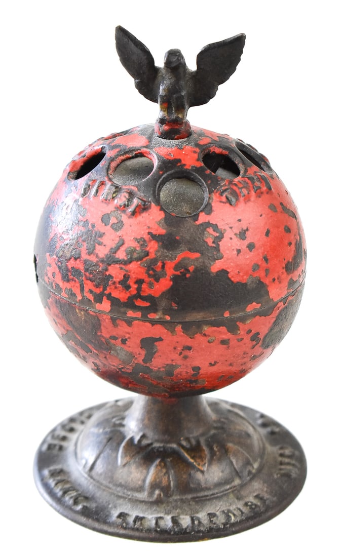 ENTERPRISE MANUFACTURING COMPANY CAST IRON "GLOBE BANK", C. 1875: A cast iron still "Globe Bank" made by the Enterprise Manufacturing Company of Philadelphia, Pennsylvania, circa 1875. The base is marked on the top with the maker information, as well as the patent