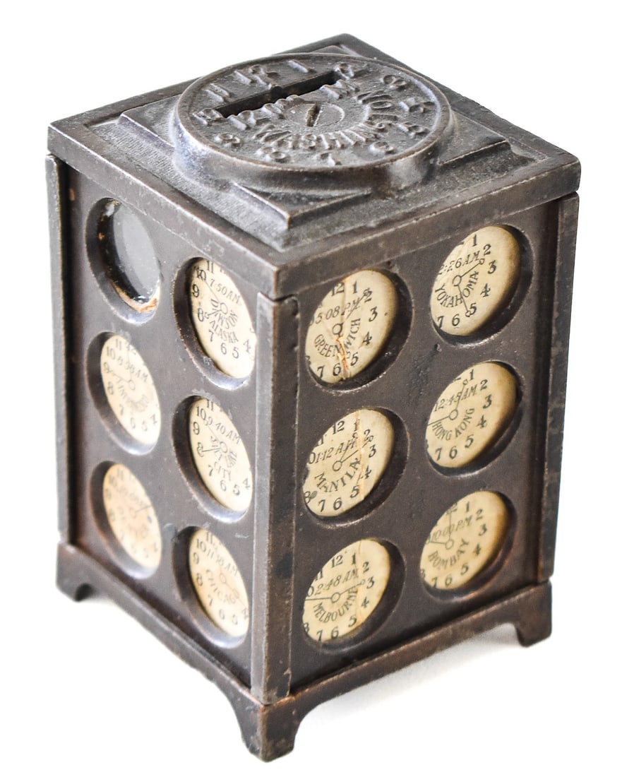 "THE WORLD'S TIME" CAST IRON STILL COIN BANK, ARCADE MANUFACTURING COMPANY, C. 1910 (1 of 3)