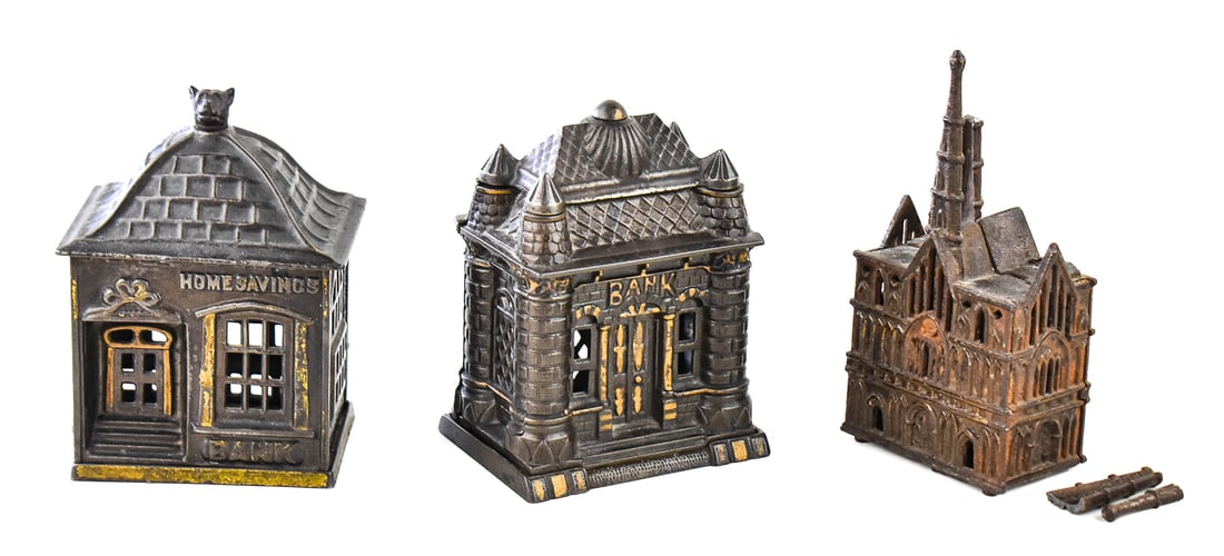THREE ANTIQUE CAST IRON COIN BANKS: J & E STEVENS FIRST CASTING, CHAMBERLAIN & HILL (1 of 5)