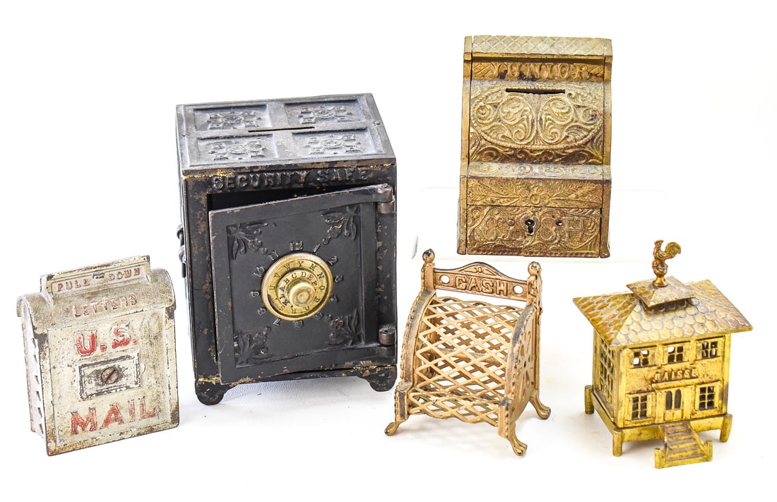ASSORTMENT OF 5 METAL COIN BANKS: J & E STEVENS "JUNIOR" & MORE: An antique "Security Safe Deposit" cast iron coin bank, a cast iron mesh coin bank in the shape of an antique cash register, circa 1920, a solid brass French "Caisse" coin bank circa 1890, a U.S. Mail