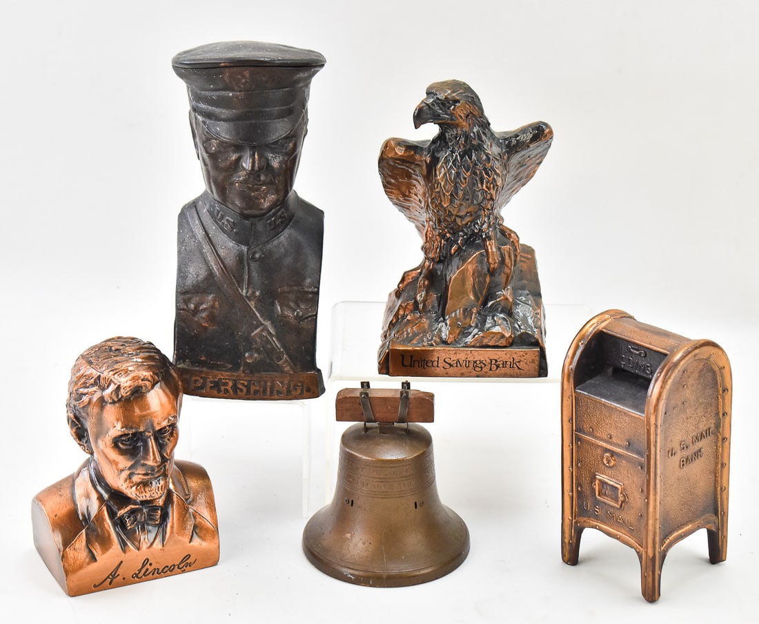 STILL COIN BANK ASSORTMENT: GENERAL PERSHING, ABRAHAM LINCOLN, LIBERTY BELL, & MORE: This lot includes the following still coin banks: a General Pershing bust patented 1918, The Bankers Savings & Credit System Company Liberty Bell patented 1919, a Banthrico Incorporated eagle adve