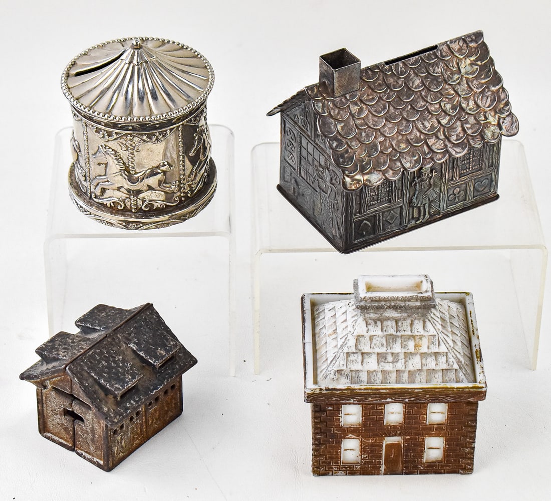 STILL BANK ASSORTMENT: LEONARD (ATTR.), WESTMORELAND, A.C. WILLIAMS (ATTR.): This lot includes the following still banks: a Leonard (attributed) carousel, a Westmoreland Specialty Company glass colonial house, an A.C. Williams (attributed) two door carriage house, and a