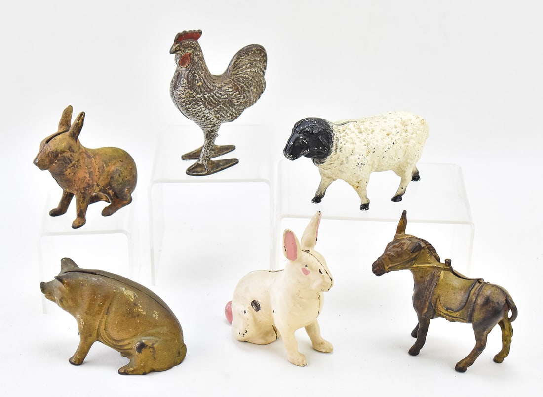 FARM ANIMAL STILL BANKS: A.C. WILLIAMS (ATTR.), HUBLEY (ATTR.), & MORE (1 of 2)