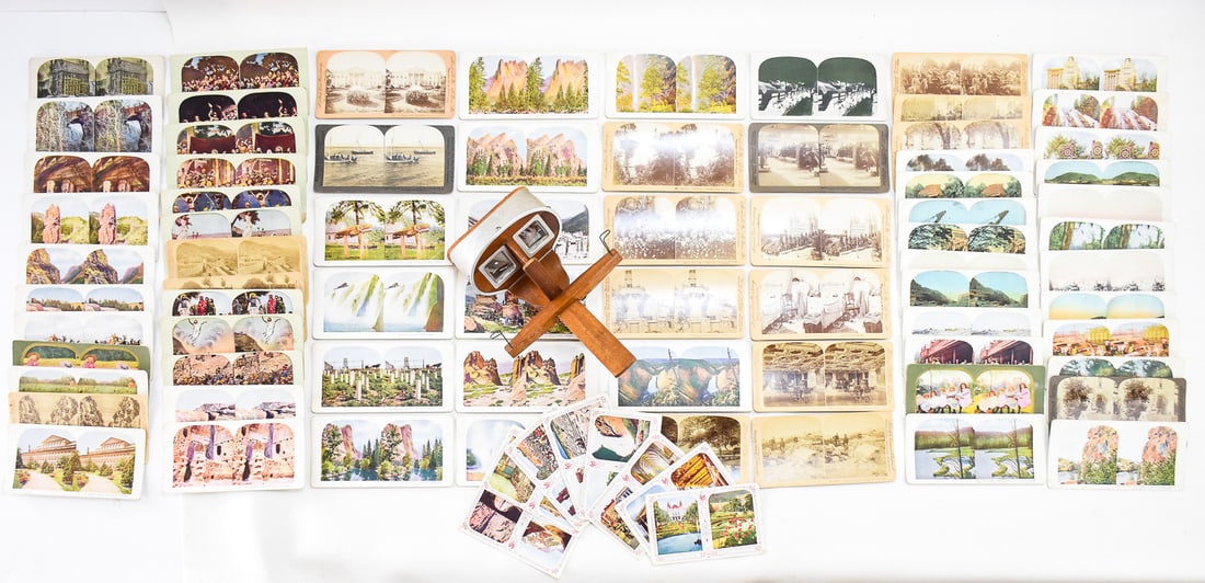 H.C. WHITE COMPANY "THE PERFESCOPE" WITH STEREOVIEW CARDS: This lot includes a H.C. White Company "The Perfescope" stereoscope viewer dated 1900 for the Exposition Universelle Internationale (Paris Exhibition), eight stereoscope postards, and approximately